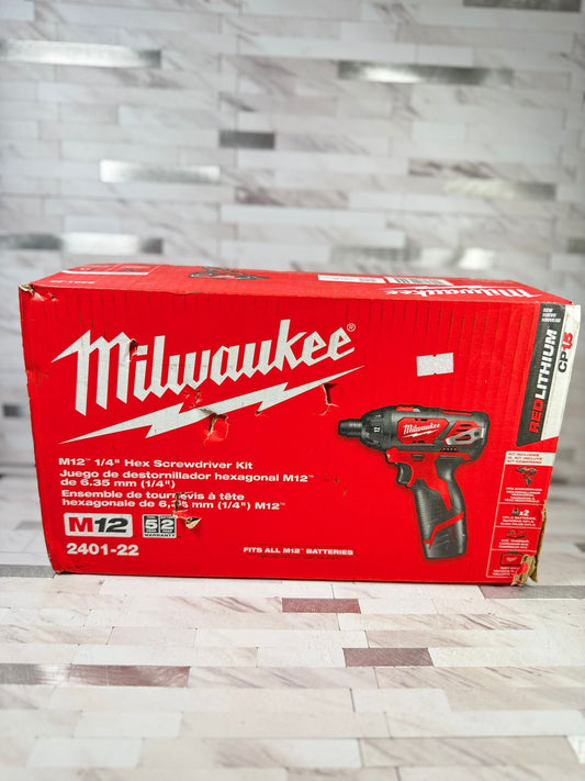 Milwaukee M12 12V Lithium-Ion Cordless 1/4 in. Hex Screwdriver Kit with Two 1.5Ah Batteries, Charger and Tool Bag