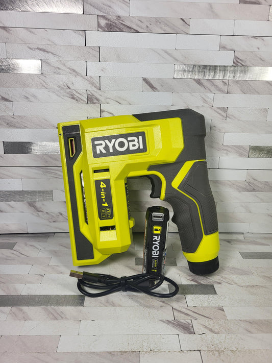 Ryobi USB Lithium Cordless Craft 4-in-1 Stapler/Nailer Kit with 3.0 Ah Battery and Charging Cable