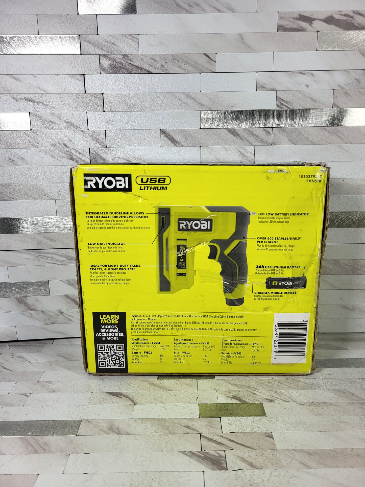 Ryobi USB Lithium Cordless Craft 4-in-1 Stapler/Nailer Kit with 3.0 Ah Battery and Charging Cable