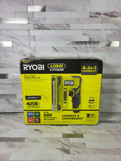Ryobi USB Lithium Cordless Craft 4-in-1 Stapler/Nailer Kit with 3.0 Ah Battery and Charging Cable