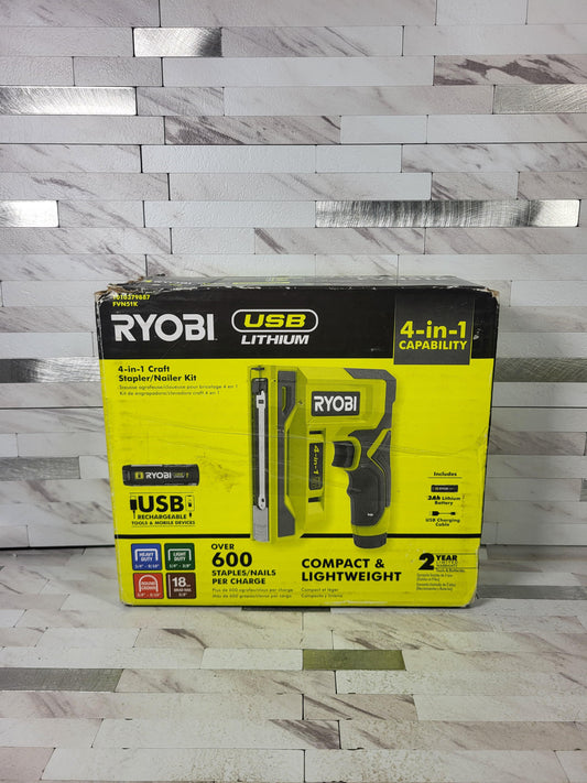 Ryobi USB Lithium Cordless Craft 4-in-1 Stapler/Nailer Kit with 3.0 Ah Battery and Charging Cable